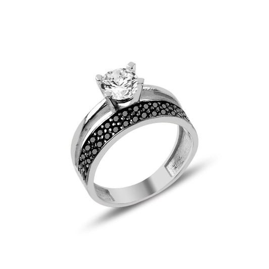 Sterling Silver Rhodium Plated Double Row CZ Band Ring