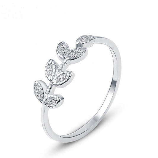 Sterling Silver Rhodium Plated CZ Leaf Ring