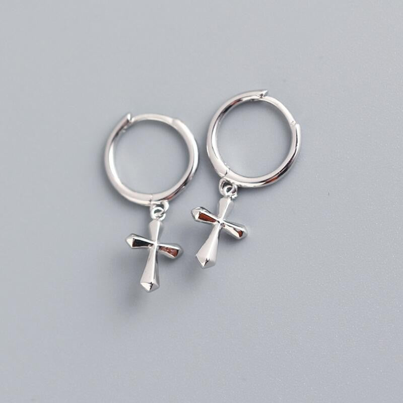 Sterling Silver Rhodium Plated Hoops with Cross Charms