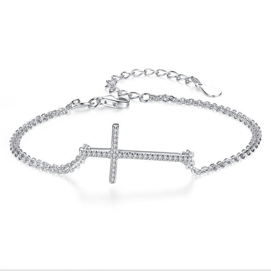 Sterling Silver Rhodium Plated Cross Bracelet