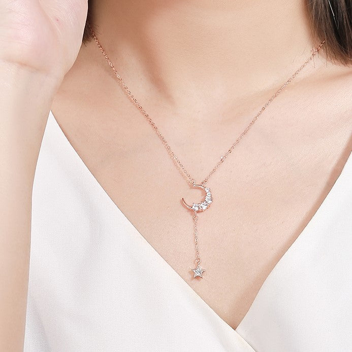 Sterling Silver Rose Gold Plated CZ Moon Necklace