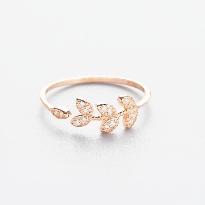 Sterling Silver Rose Gold Plated CZ Leaf Ring