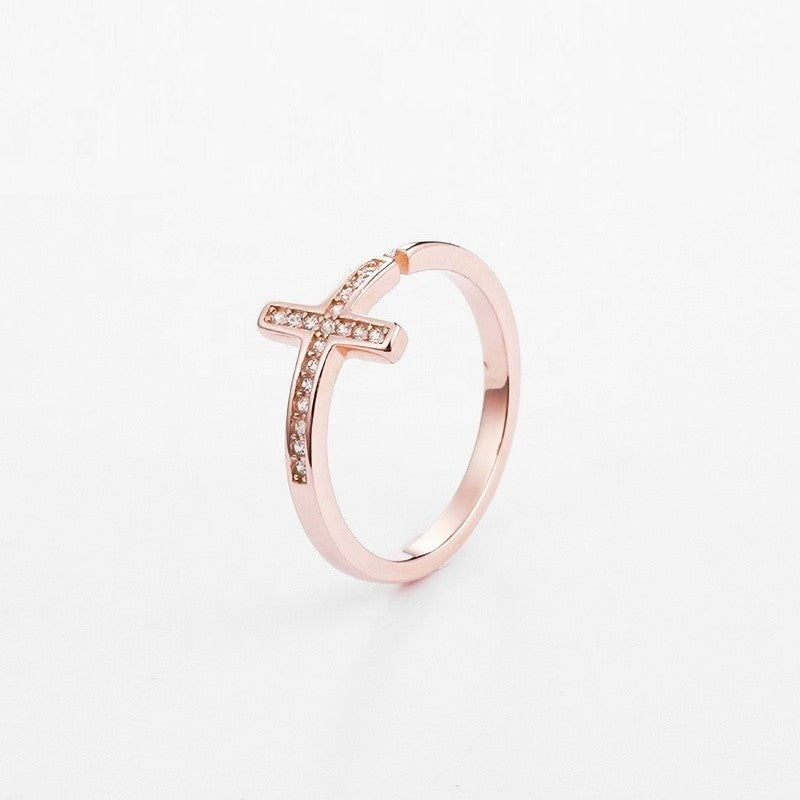 Sterling Silver Rose Gold Plated CZ Cross Ring