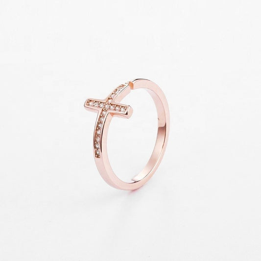 Sterling Silver Rose Gold Plated CZ Cross Ring