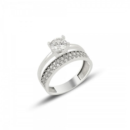 Silver Rhodium Plated Double Row CZ Band Ring