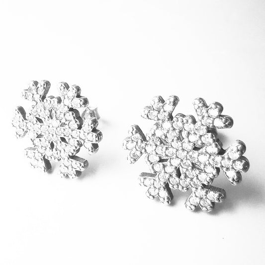 Sterling Silver Rhodium Plated CZ Snowflake Studs