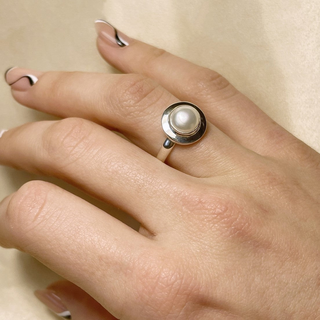 Sterling Silver Round Pearl Ring