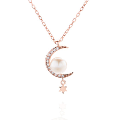 Sterling Silver Rose Gold Plated Pearl Moon Necklace