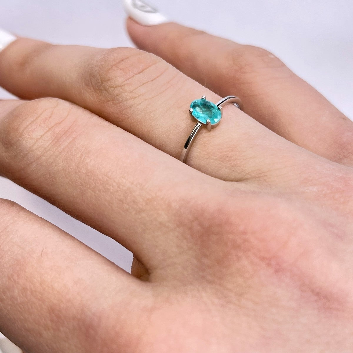 Sterling Silver Rhodium Plated Cyan CZ Ring