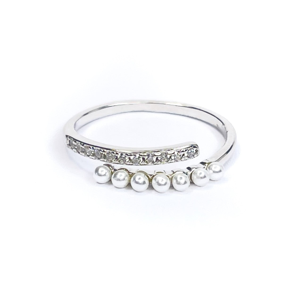 Sterling Silver Rhodium Plated Pearl & CZ Ring