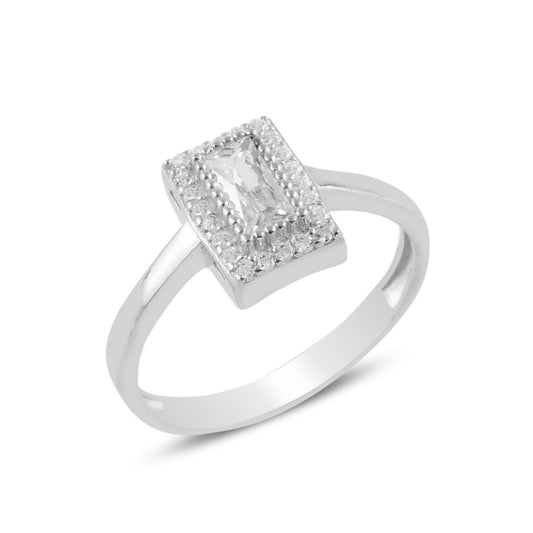 Sterling Silver Rhodium Plated Rectangle CZ Ring