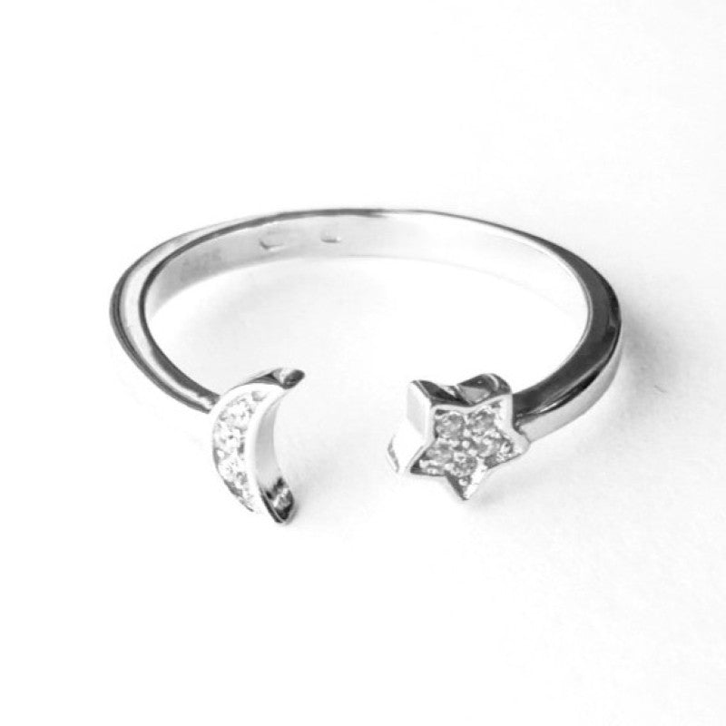 Sterling Silver Rhodium Plated CZ Moon & Star Ring