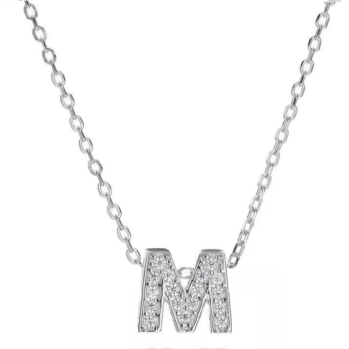 Sterling Silver Rhodium Plated CZ Letter Necklace