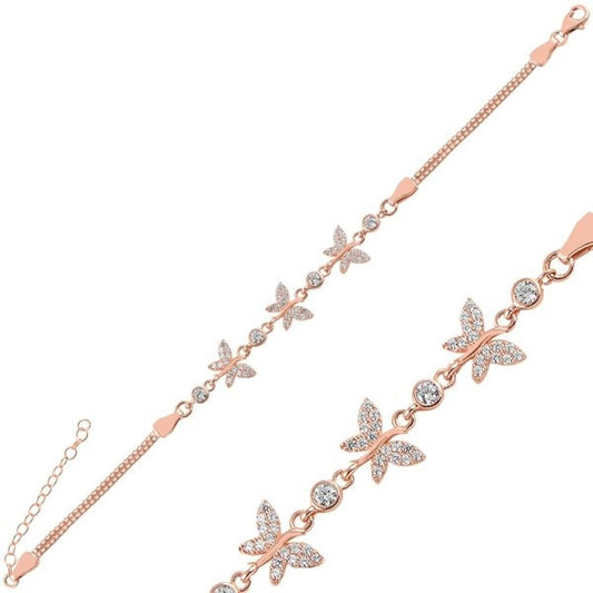 Sterling Silver Rose Gold Plated CZ Butterfly Bracelet