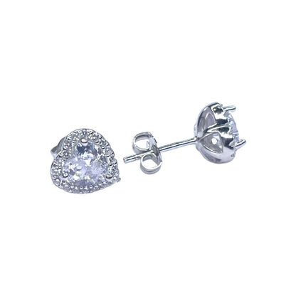 Sterling Silver Rhodium Plated CZ Heart Studs