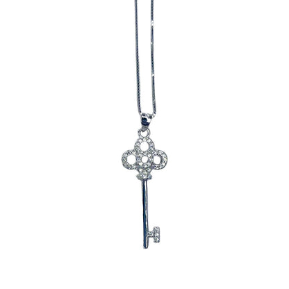 Sterling Silver Rhodium Plated CZ Key Necklace