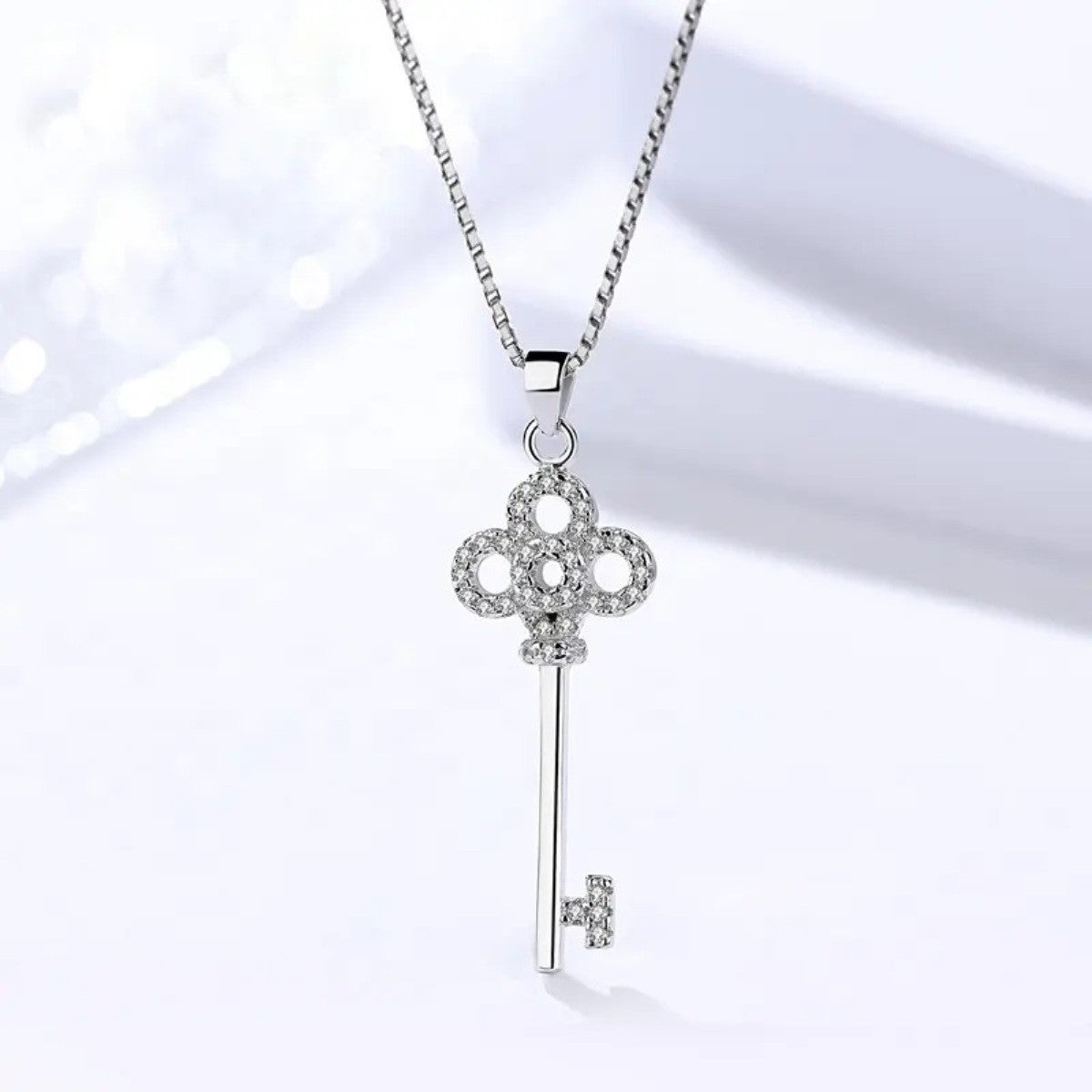 Sterling Silver Rhodium Plated CZ Key Necklace