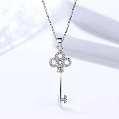 Sterling Silver Rhodium Plated CZ Key Necklace