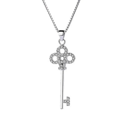 Sterling Silver Rhodium Plated CZ Key Necklace