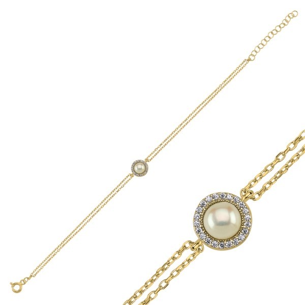 Sterling Silver Gold Plated Pearl & CZ Bracelet