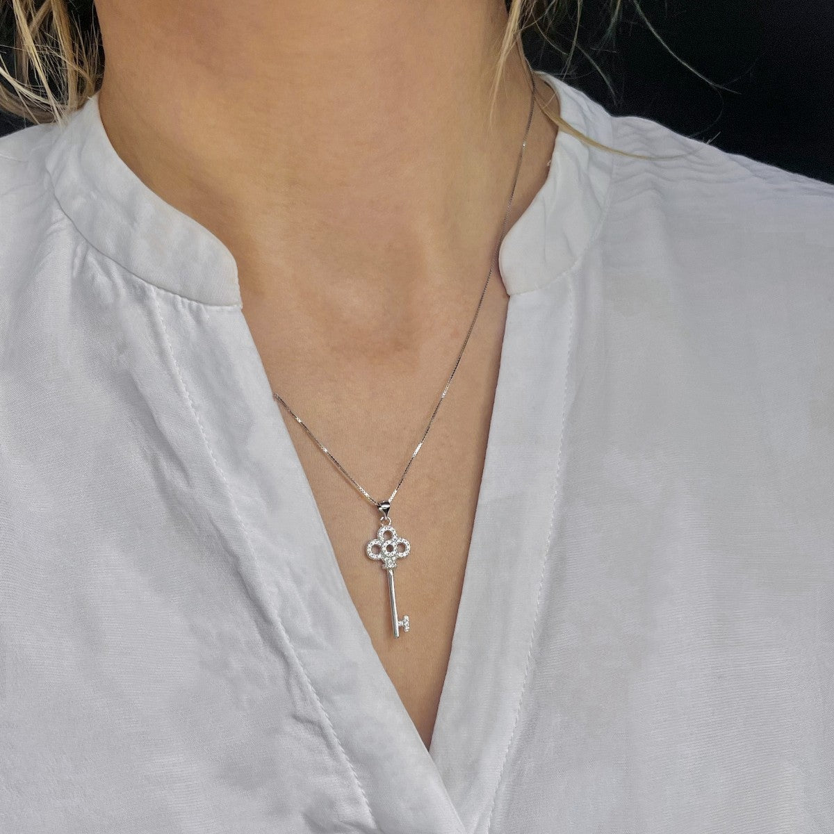 Sterling Silver Rhodium Plated CZ Key Necklace