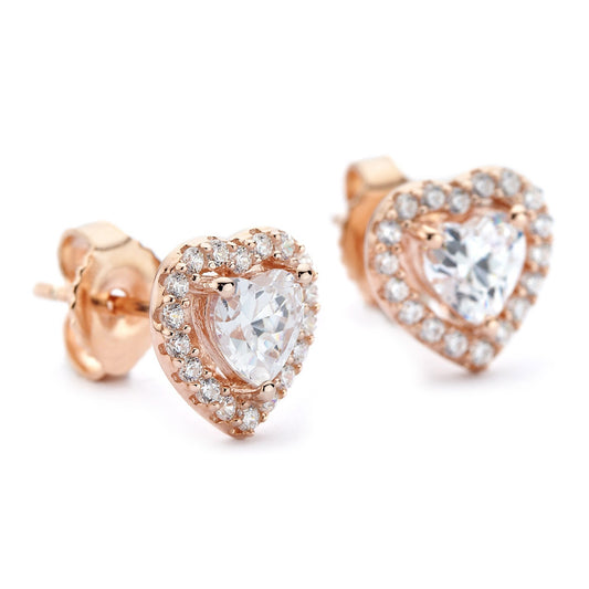 Sterling Silver Rose Gold Plated CZ Heart Studs