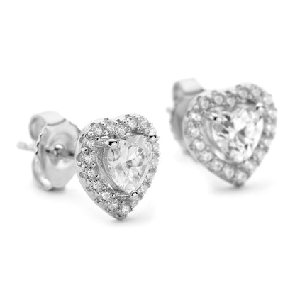 Sterling Silver Rhodium Plated CZ Heart Studs