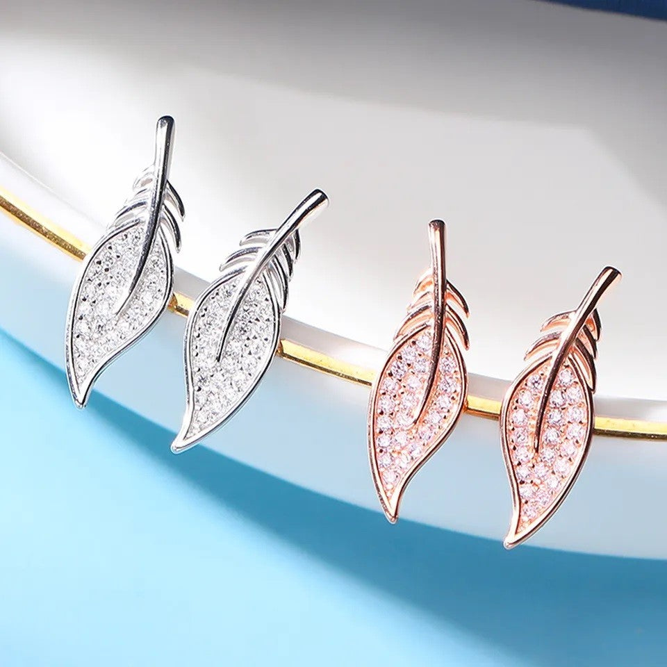 Sterling Silver Rose Gold Plated CZ Feather Studs