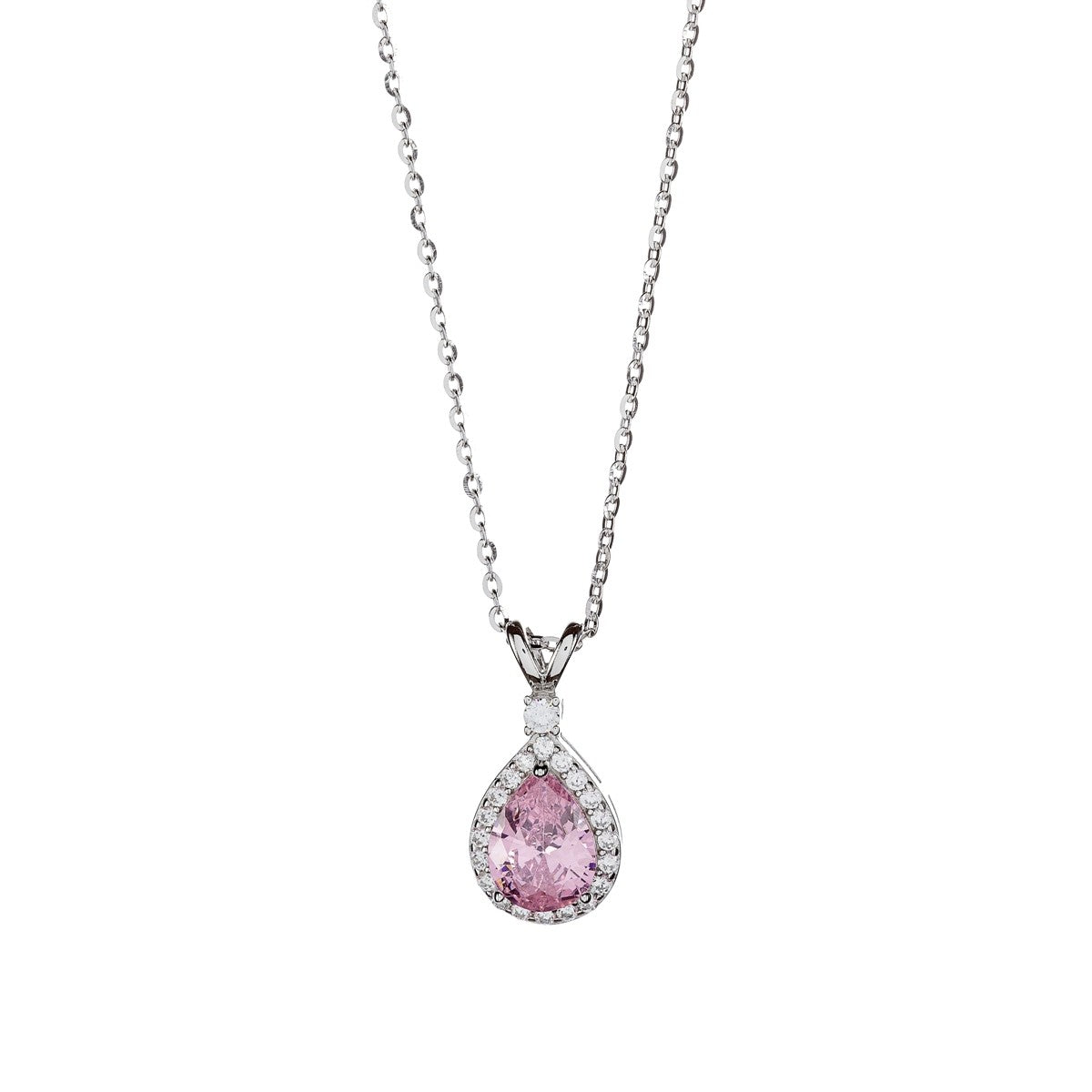 Sterling Silver Rhodium Plated CZ Teardrop Necklace