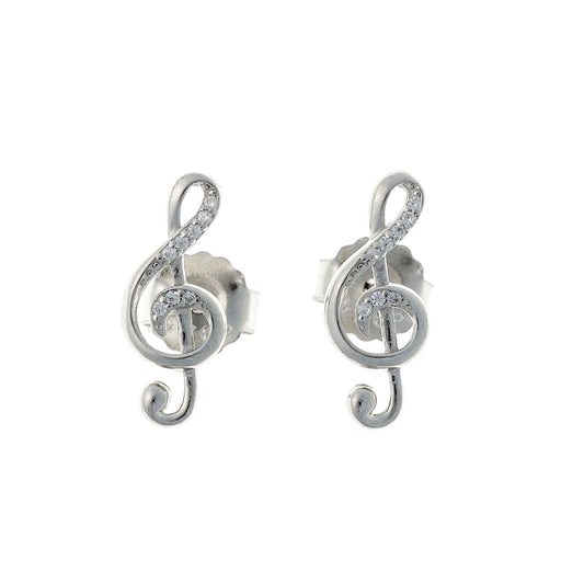 Sterling Silver Rhodium Plated CZ Treble Clef Studs