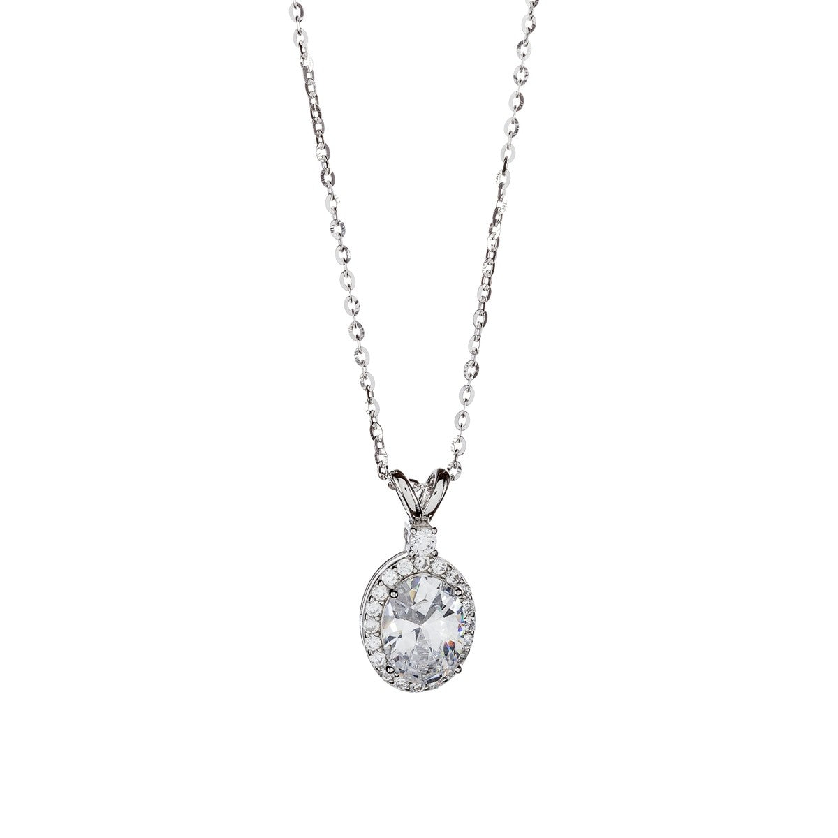 Sterling Silver Rhodium Plated Oval CZ Necklace