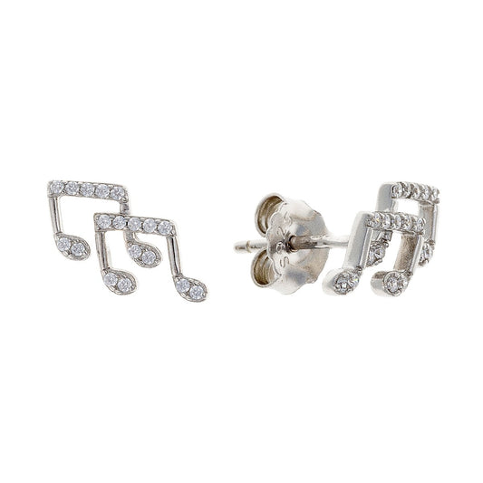 Sterling Silver Rhodium Plated CZ Music Note Studs