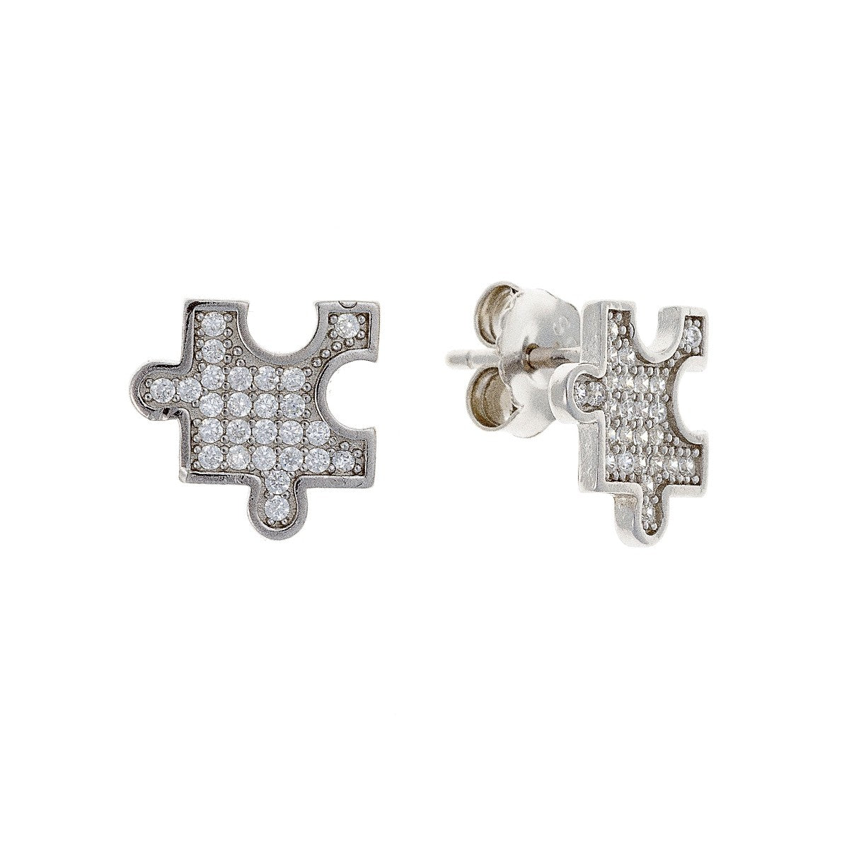 Sterling Silver Rhodium Plated CZ Puzzle Studs