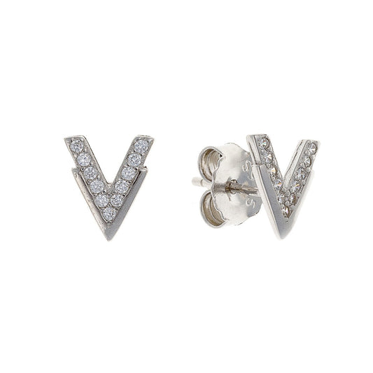 Sterling Silver Rhodium Plated CZ "V" Studs