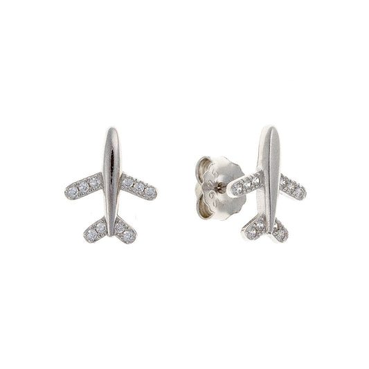 Sterling Silver Rhodium Plated CZ Plane Studs