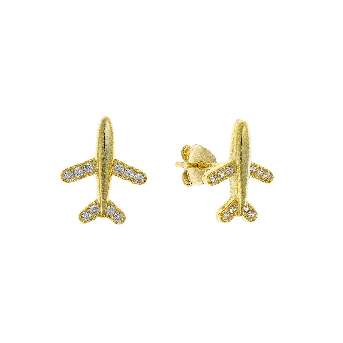 Sterling Silver Gold Plated CZ Plane Studs