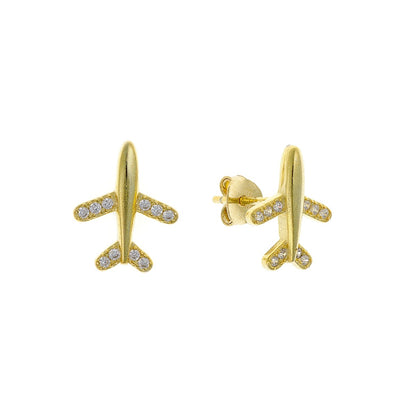 Sterling Silver Gold Plated CZ Plane Studs