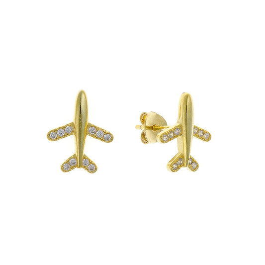 Sterling Silver Gold Plated CZ Plane Studs