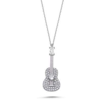 Sterling Silver Rhodium Plated CZ Guitar Necklace