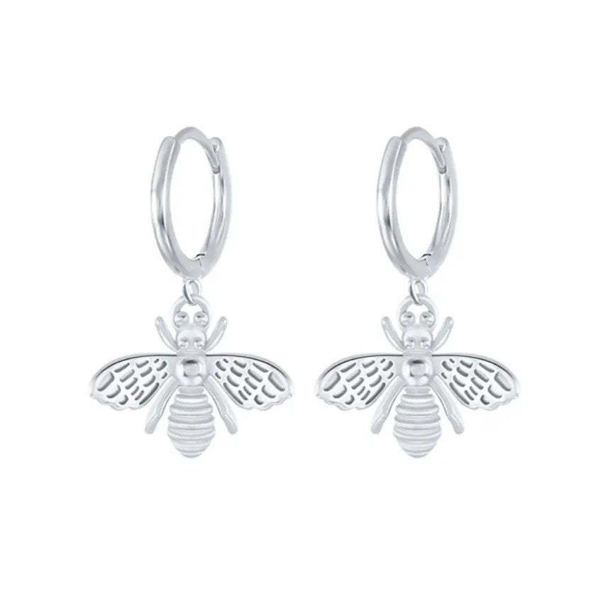 Sterling Silver Rhodium Plated Hoops with Bee Charms