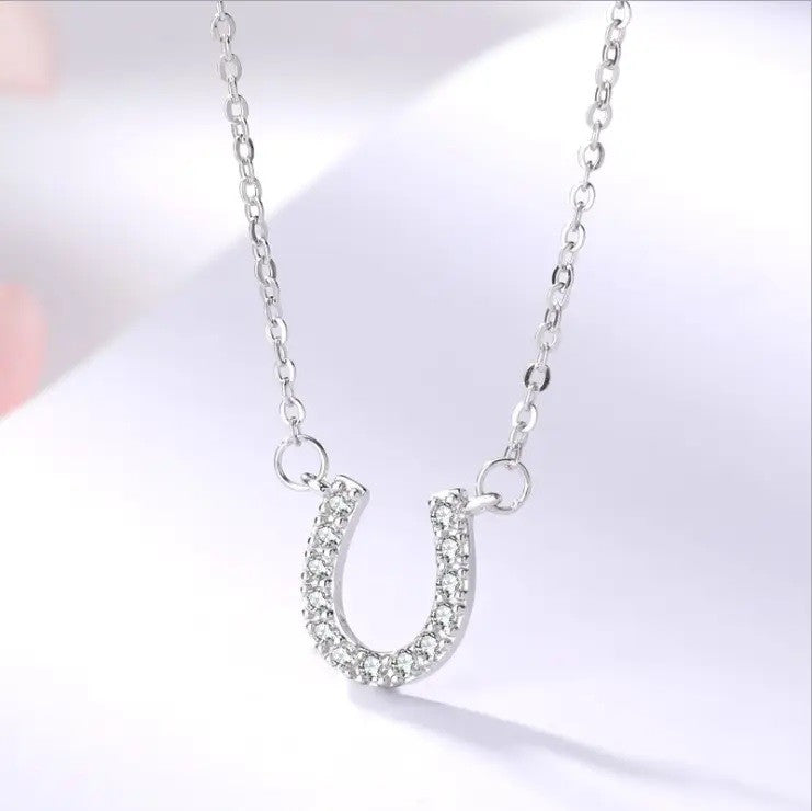 Sterling Silver Rhodium Plated CZ Horseshoe Necklace