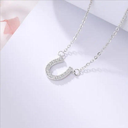 Sterling Silver Rhodium Plated CZ Horseshoe Necklace