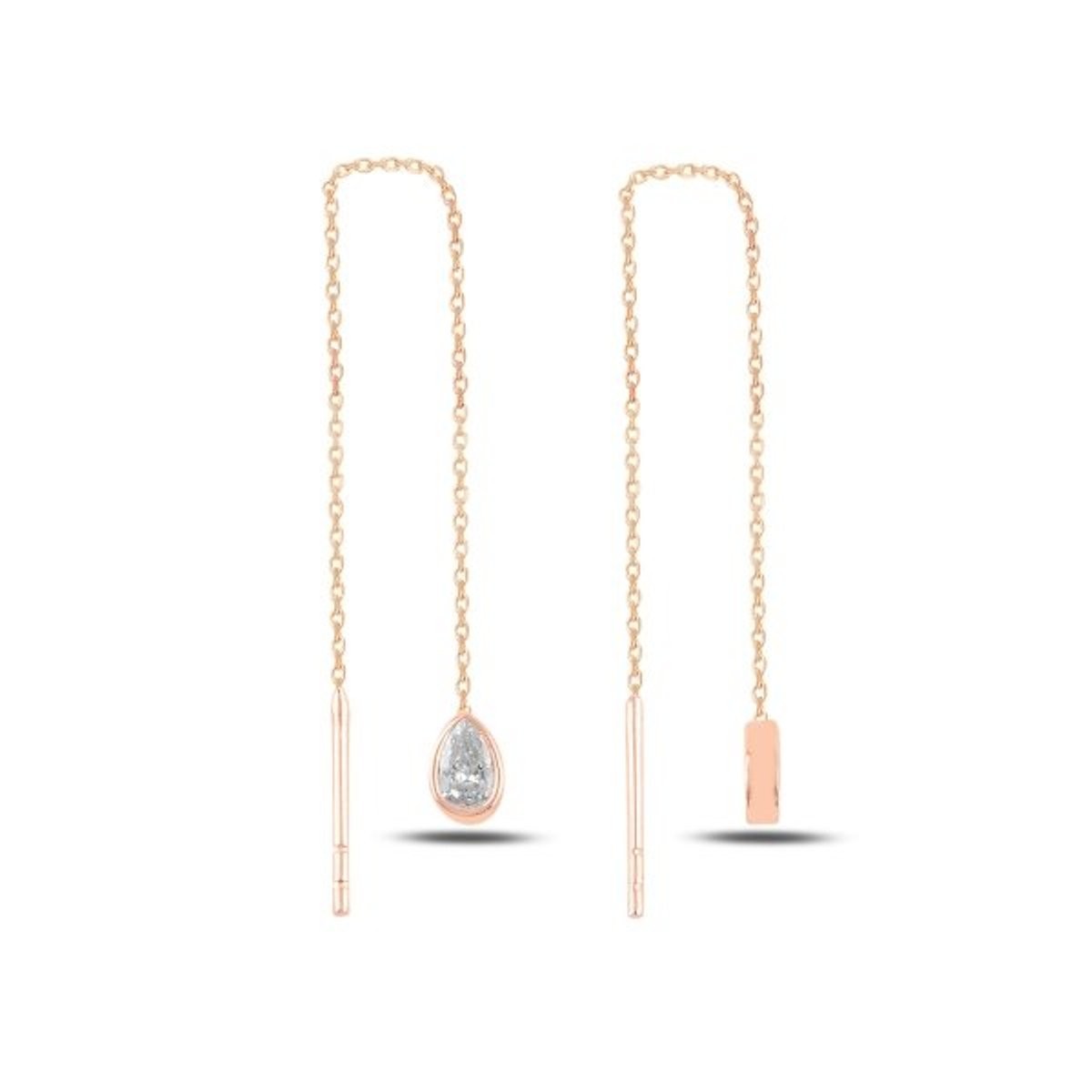 Sterling Silver Rose Gold Plated CZ Chain Drop Earrings