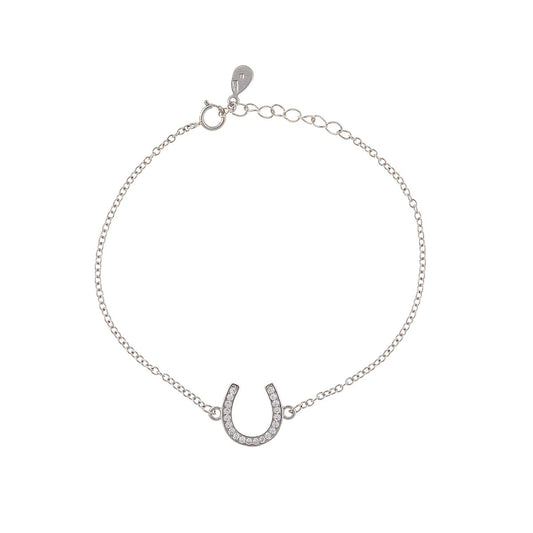 Sterling Silver Rhodium Plated CZ Horseshoe Chain Bracelet