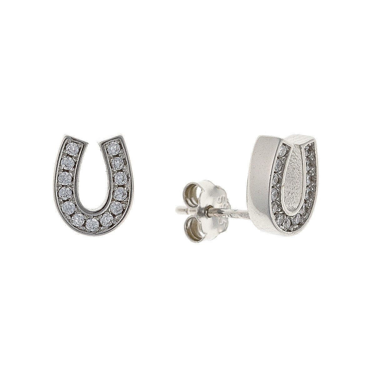 Sterling Silver Rhodium Plated CZ Horseshoe Studs