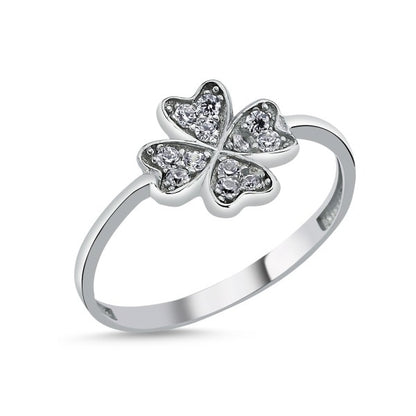 Sterling Silver Rhodium Plated CZ Clover Ring