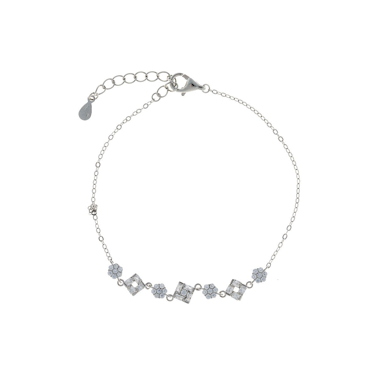 Sterling Silver Rhodium Plated CZ Rhombus & Flowers Bracelet