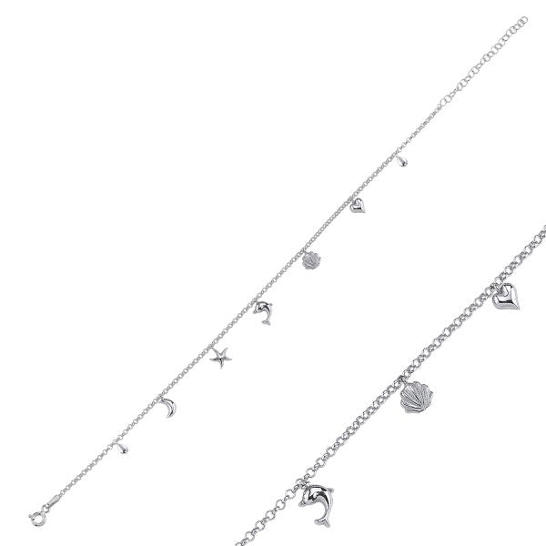 Sterling Silver Rhodium Plated Dolphin Anklet