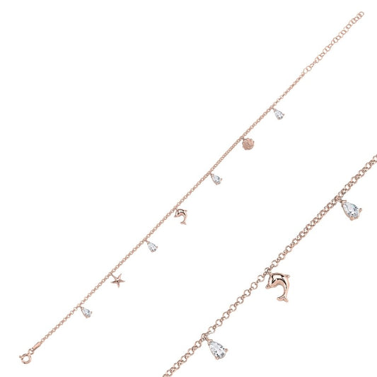 Sterling Silver Rose Gold Plated CZ Crystal Dolphin Anklet