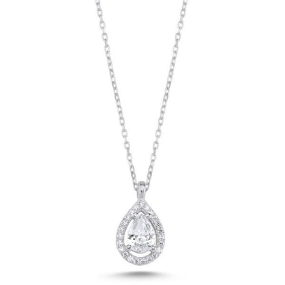 Sterling Silver Rhodium Plated Teardrop CZ Necklace